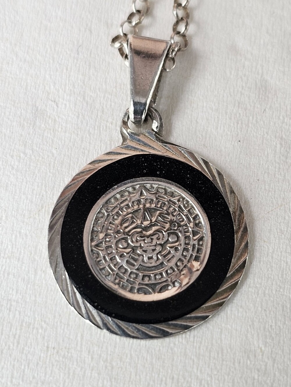 Vintage Mexican Aztec Calendar Pendant Sterling Silver 18" Necklace! - Picture 5 of 5